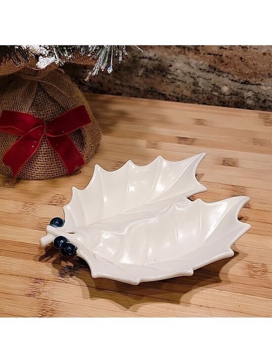 vintage Other - Mid Century White Ceramic Holiday Holly Leaf with Berries Candy Dish